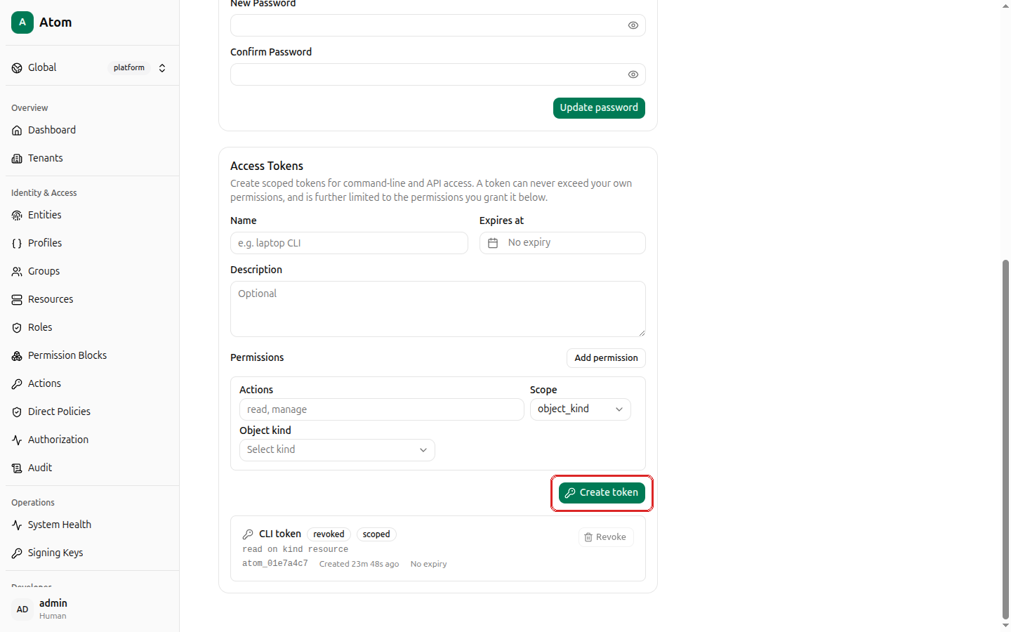 Create token button highlighted