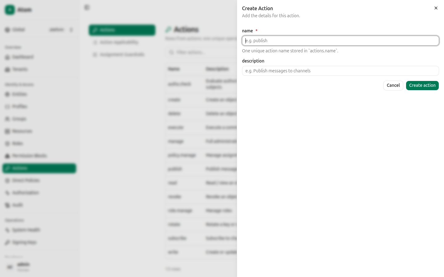Create action dialog