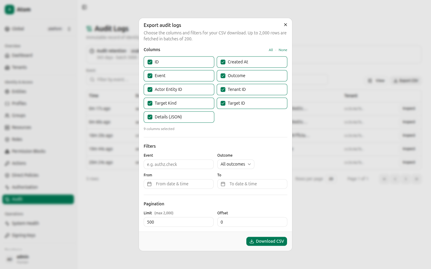 Export audit logs dialog