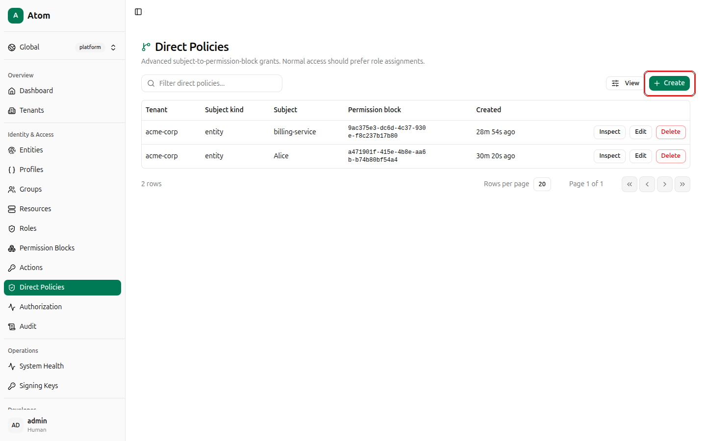 Create button highlighted on the direct policies list