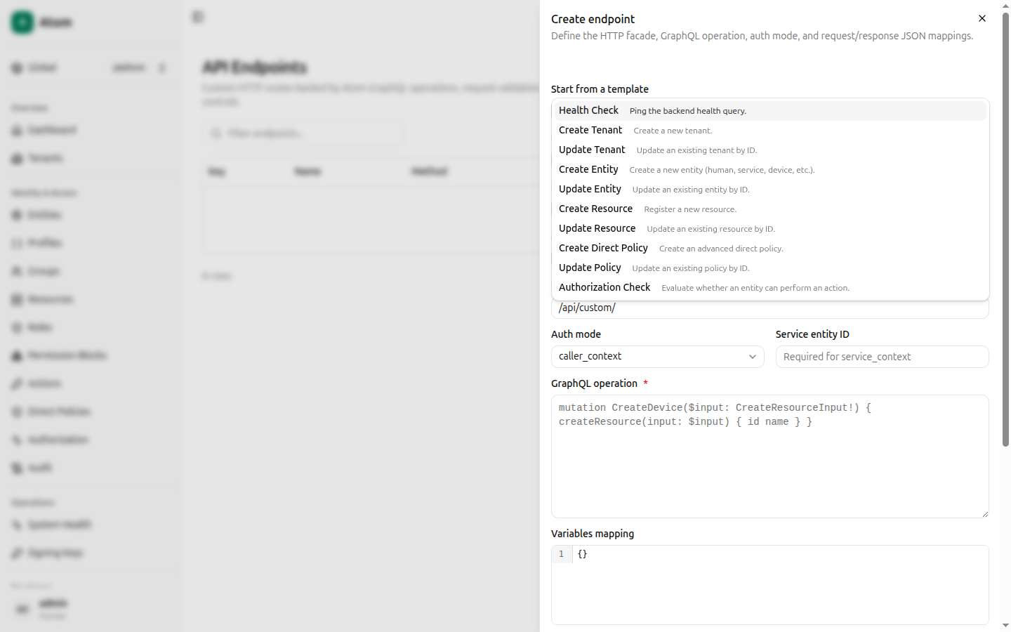 Endpoint templates dropdown