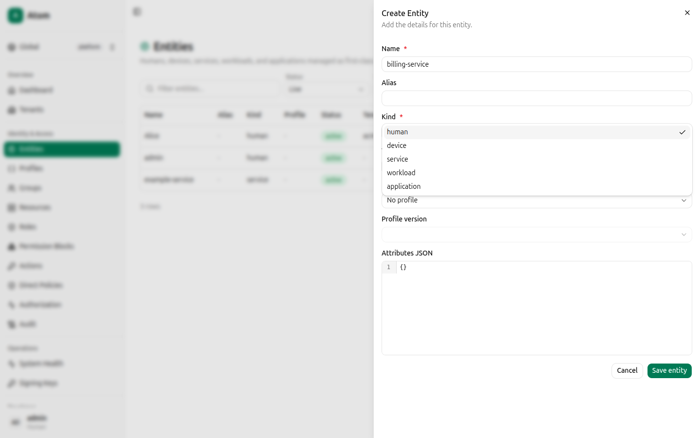Entity kind dropdown options