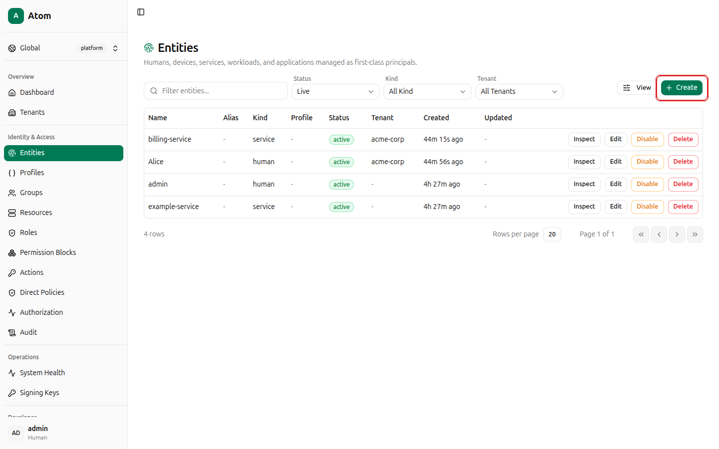 Create button highlighted on the entities list