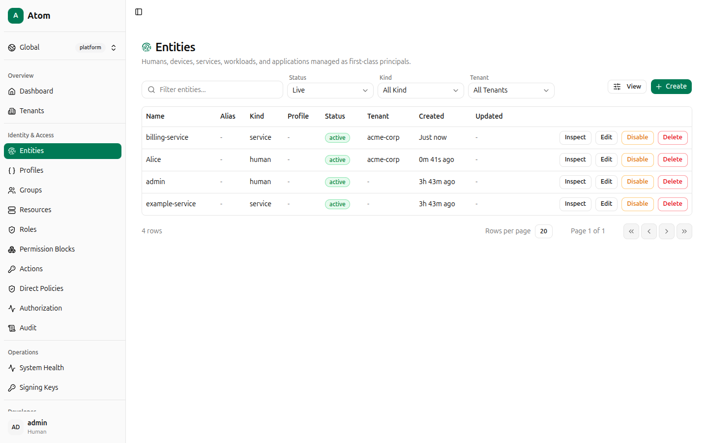 Entities list