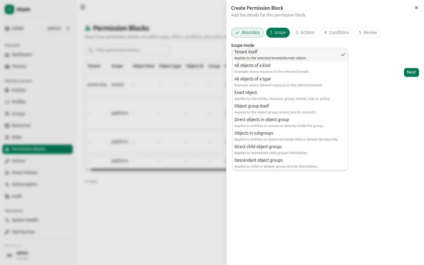 Scope mode dropdown options