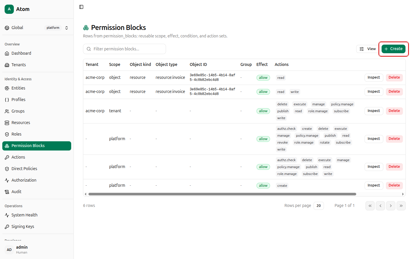 Create button highlighted on the permission blocks list