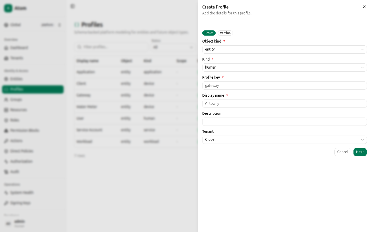 Create profile dialog, Basics step