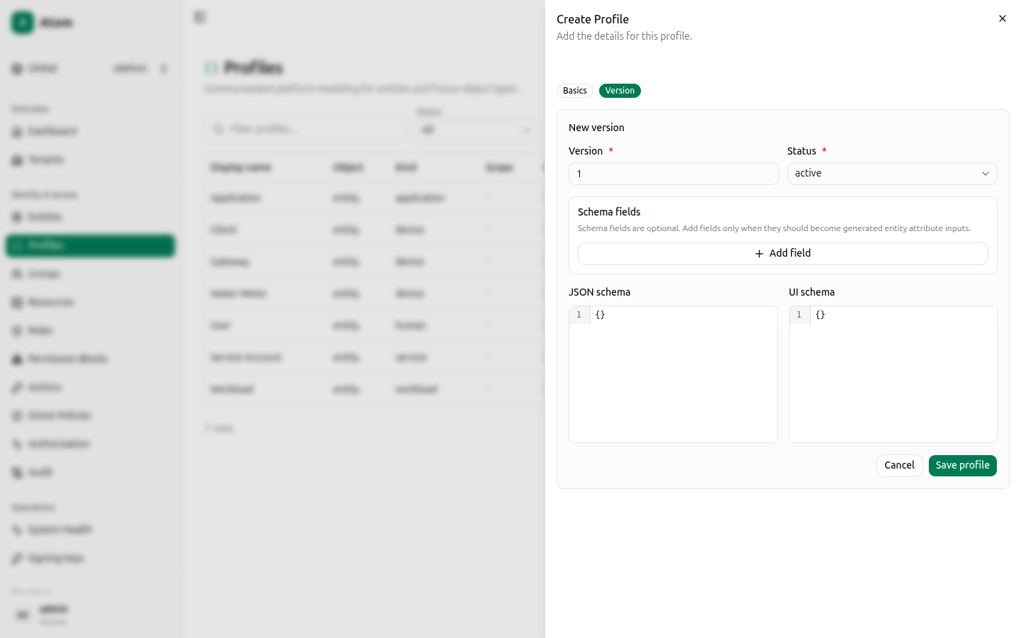 Create profile dialog, Version step
