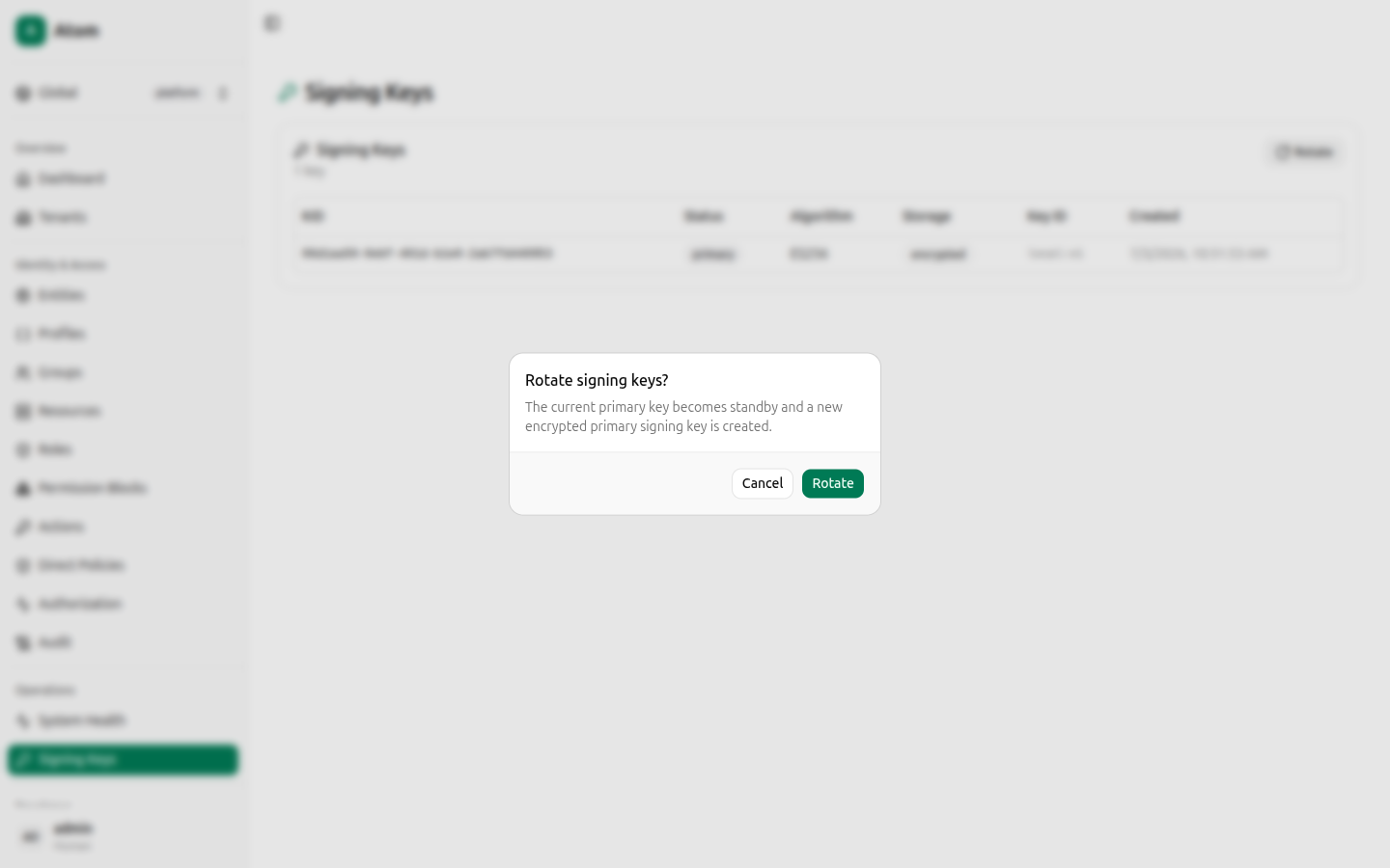 Rotate signing keys confirmation dialog