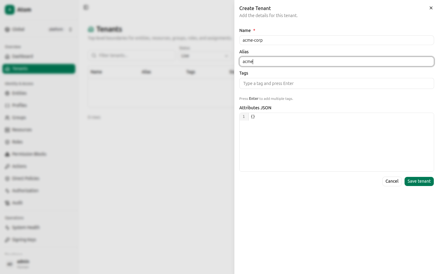 Create tenant dialog filled in